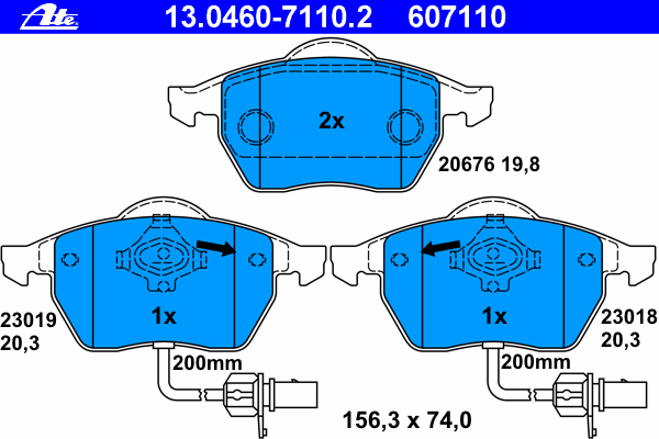 Комплект тормозных колодок, дисковый тормоз ATE 607110