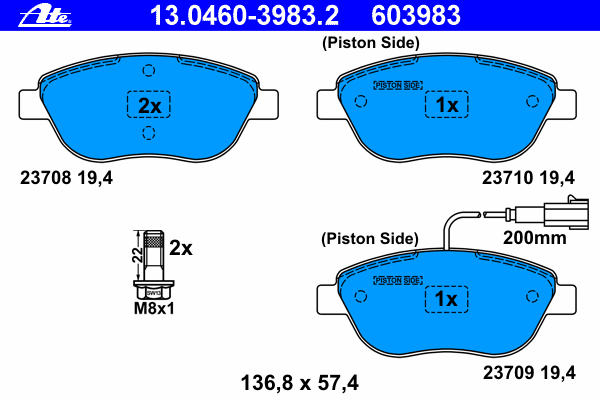 Комплект тормозных колодок, дисковый тормоз ATE 13.0460-3983.2