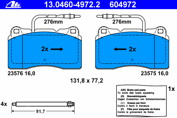 Комплект тормозных колодок, дисковый тормоз ATE 13046049722