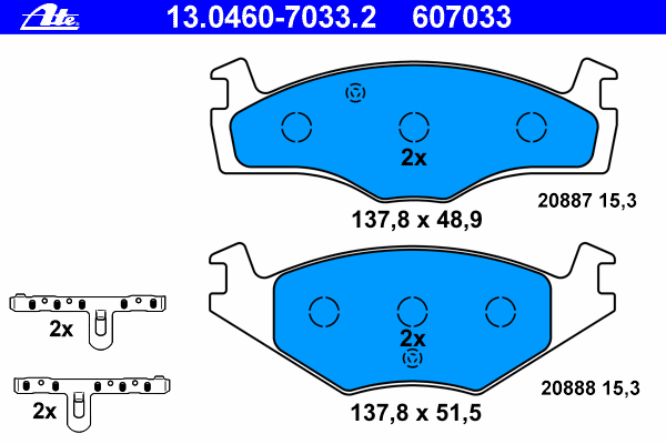 Комплект тормозных колодок, дисковый тормоз ATE 607033