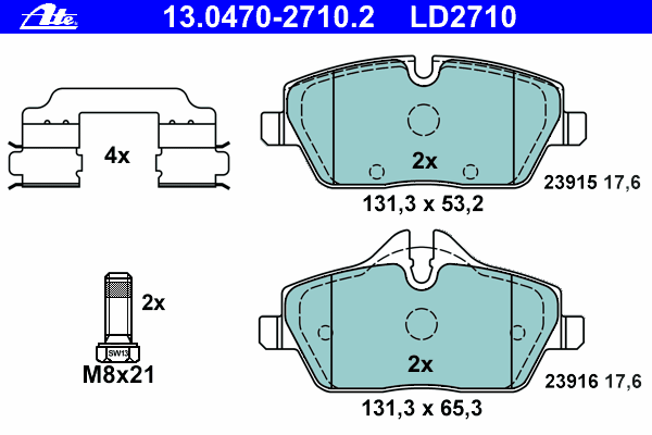 Комплект тормозных колодок, дисковый тормоз ATE 13.0470-2710.2