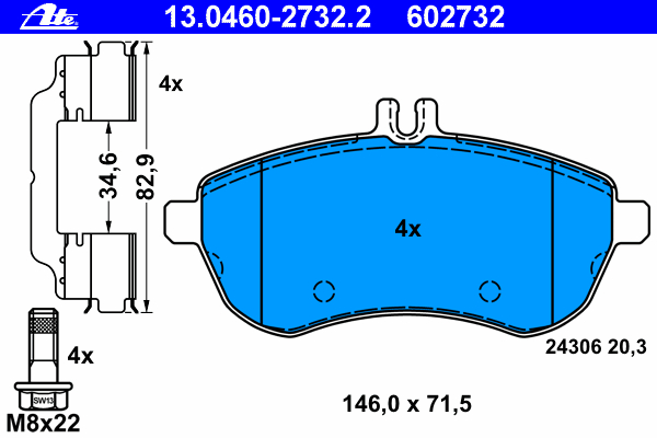 Комплект тормозных колодок, дисковый тормоз ATE 13.0460-2732.2