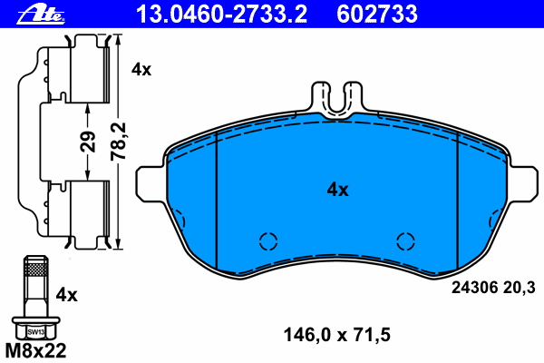 Комплект тормозных колодок, дисковый тормоз ATE 13046027332