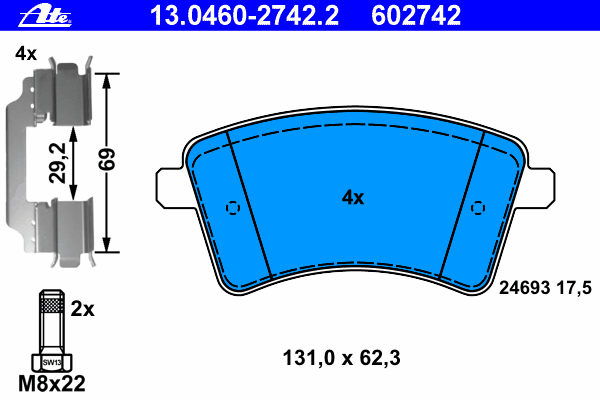 Комплект тормозных колодок, дисковый тормоз ATE 13.0460-2742.2