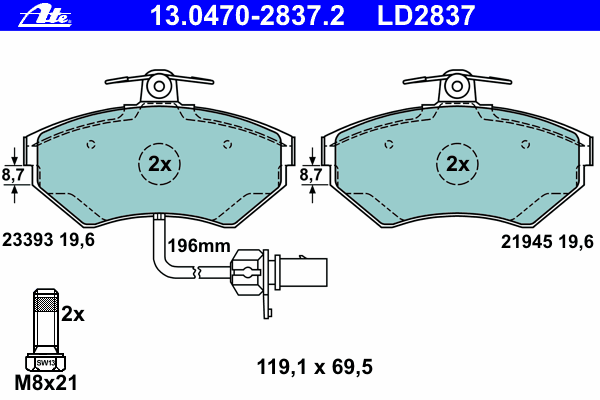Комплект тормозных колодок, дисковый тормоз ATE 13.0470-2837.2