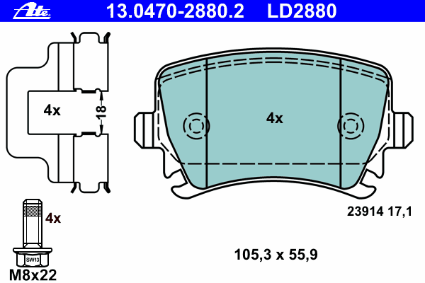 Комплект тормозных колодок, дисковый тормоз ATE 13.0470-2880.2