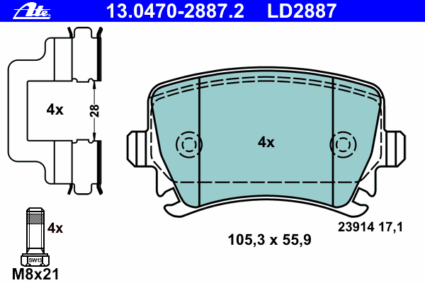 Комплект тормозных колодок, дисковый тормоз ATE 13.0470-2887.2
