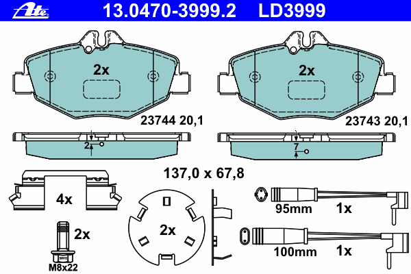 Комплект тормозных колодок, дисковый тормоз ATE 13.0470-3999.2