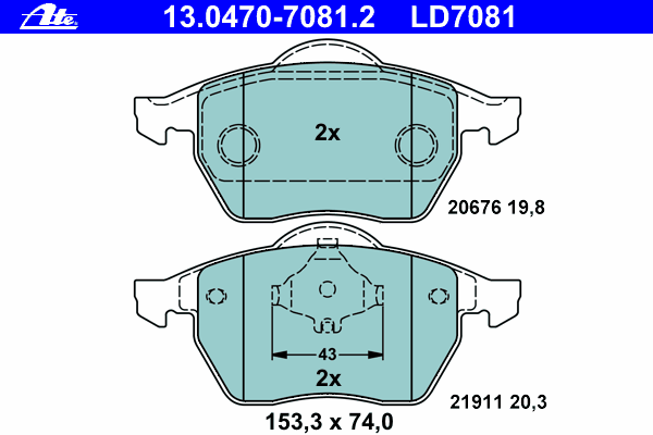 Комплект тормозных колодок, дисковый тормоз ATE 13.0470-7081.2