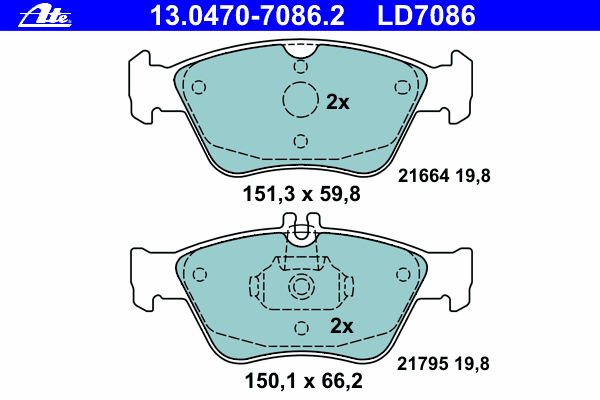 Комплект тормозных колодок, дисковый тормоз ATE 13.0470-7086.2
