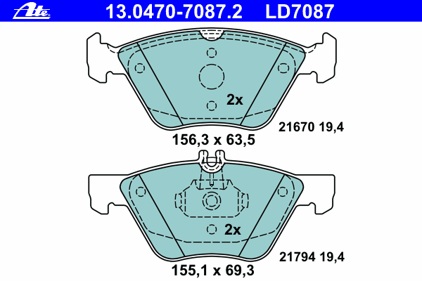 Комплект тормозных колодок, дисковый тормоз ATE 13.0470-7087.2