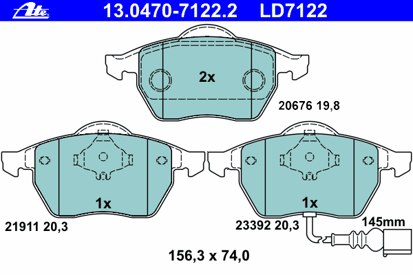 Комплект тормозных колодок, дисковый тормоз ATE 13.0470-7122.2