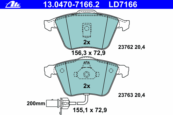 Комплект тормозных колодок, дисковый тормоз ATE 13.0470-7166.2
