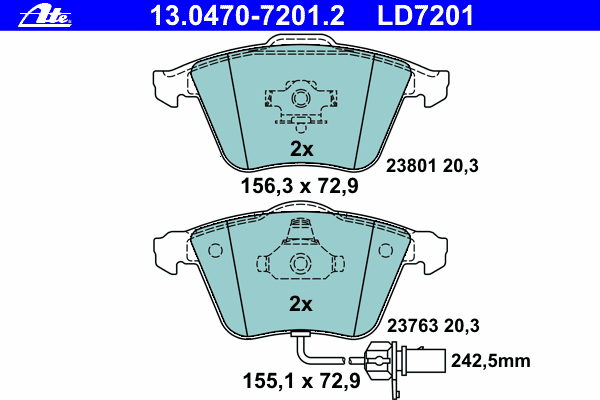 Комплект тормозных колодок, дисковый тормоз ATE 13.0470-7201.2