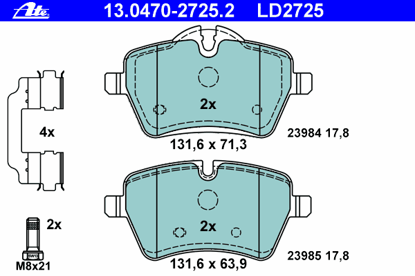 Комплект тормозных колодок, дисковый тормоз ATE 13.0470-2725.2