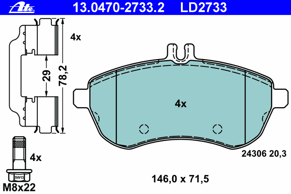 Комплект тормозных колодок, дисковый тормоз ATE 13.0470-2733.2