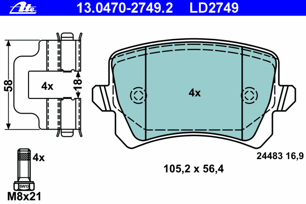 Комплект тормозных колодок, дисковый тормоз ATE 13047027492