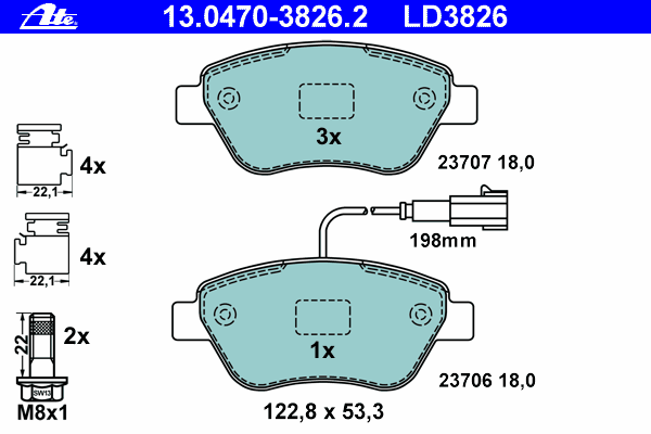 Комплект тормозных колодок, дисковый тормоз ATE 13.0470-3826.2