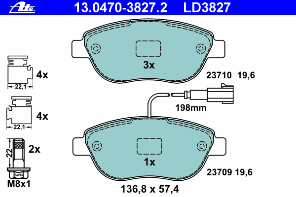Комплект тормозных колодок, дисковый тормоз ATE 13.0470-3827.2