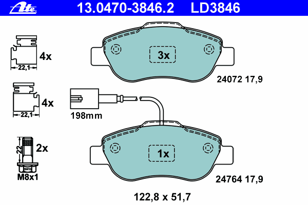 Комплект тормозных колодок, дисковый тормоз ATE 13.0470-3846.2