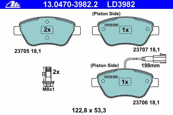 Комплект тормозных колодок, дисковый тормоз ATE 13.0470-3982.2