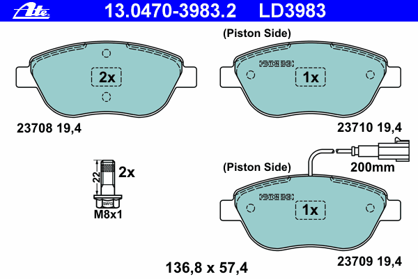 Комплект тормозных колодок, дисковый тормоз ATE 13.0470-3983.2