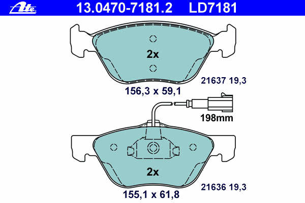 Комплект тормозных колодок, дисковый тормоз ATE 13.0470-7181.2
