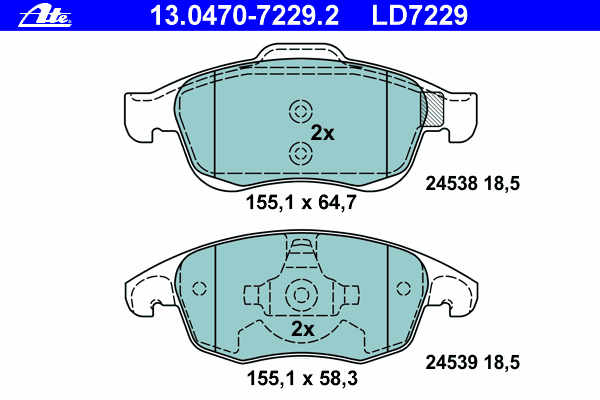 Комплект тормозных колодок, дисковый тормоз ATE 13.0470-7229.2