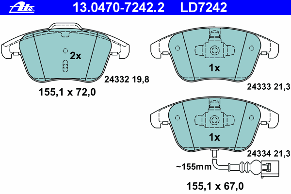 Комплект тормозных колодок, дисковый тормоз ATE 13.0470-7242.2