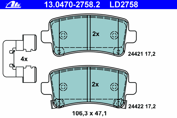 Комплект тормозных колодок, дисковый тормоз ATE 13.0470-2758.2