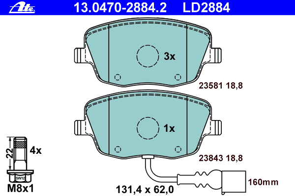 Комплект тормозных колодок, дисковый тормоз ATE 13.0470-2884.2