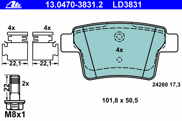 Комплект тормозных колодок, дисковый тормоз ATE 13.0470-3831.2