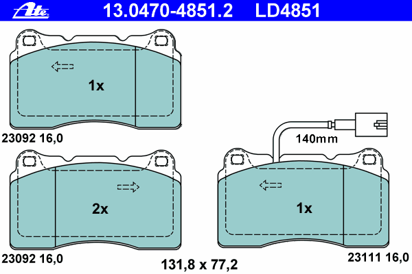 Комплект тормозных колодок, дисковый тормоз ATE 13.0470-4851.2