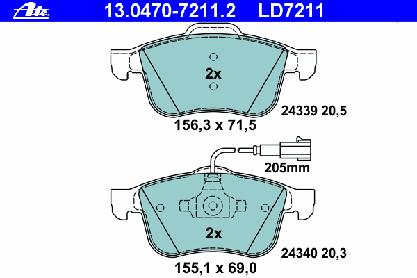Комплект тормозных колодок, дисковый тормоз ATE 13.0470-7211.2