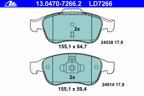 Комплект тормозных колодок, дисковый тормоз ATE 13.0470-7266.2