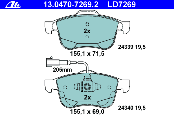 Комплект тормозных колодок, дисковый тормоз ATE 13.0470-7269.2