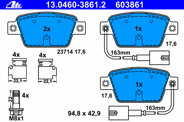 Комплект тормозных колодок, дисковый тормоз ATE 13.0460-3861.2