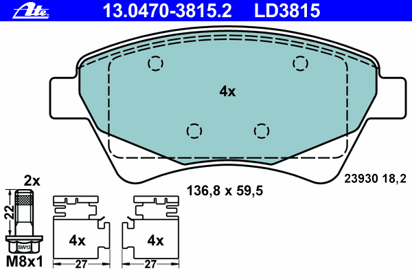 Комплект тормозных колодок, дисковый тормоз ATE 13.0470-3815.2