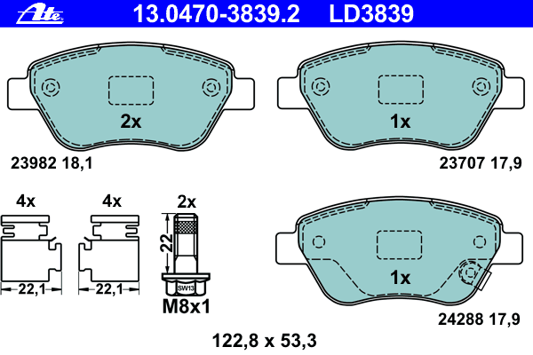 Комплект тормозных колодок, дисковый тормоз ATE 13.0470-3839.2