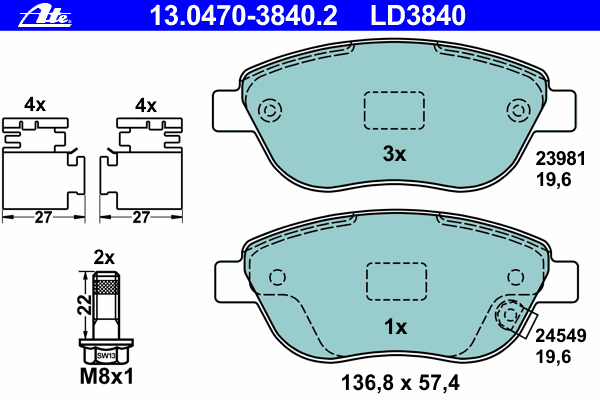 Комплект тормозных колодок, дисковый тормоз ATE 13.0470-3840.2