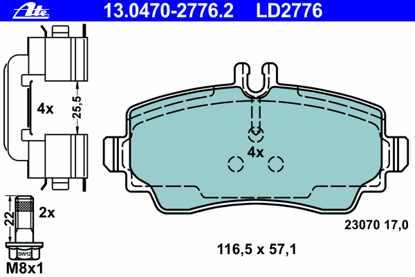 Комплект тормозных колодок, дисковый тормоз ATE 13.0470-2776.2