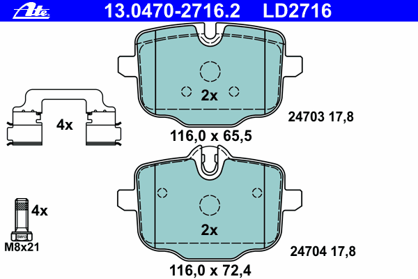 Комплект тормозных колодок, дисковый тормоз ATE 13.0470-2716.2