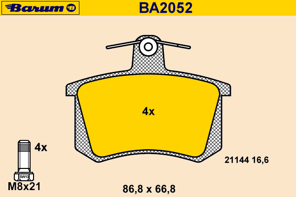 Комплект тормозных колодок, дисковый тормоз BARUM BA2052