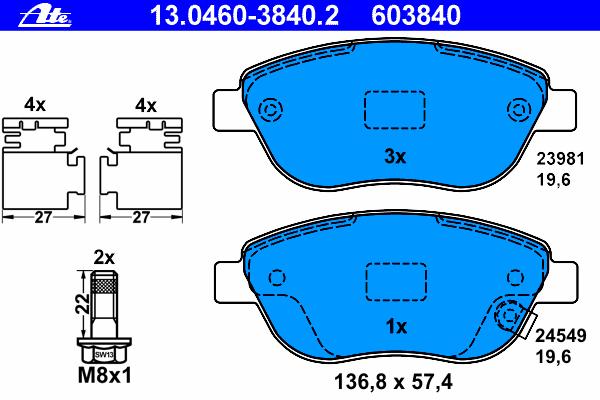 Комплект тормозных колодок, дисковый тормоз ATE 24549