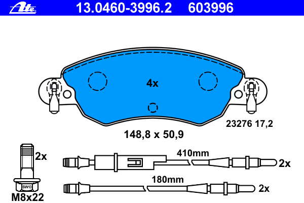 Комплект тормозных колодок, дисковый тормоз ATE 13.0460-3996.2