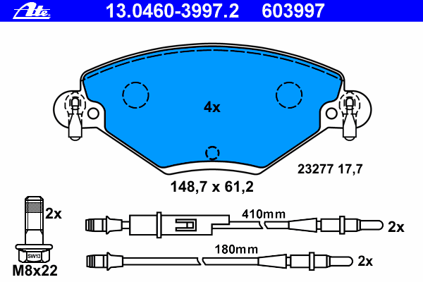 Комплект тормозных колодок, дисковый тормоз ATE 13.0460-3997.2