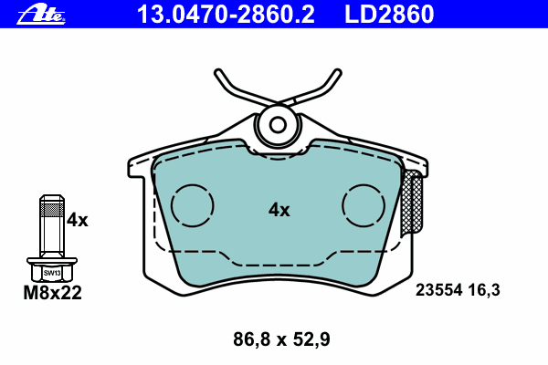 Комплект тормозных колодок, дисковый тормоз ATE 13.0470-2860.2