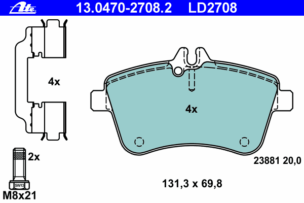 Комплект тормозных колодок, дисковый тормоз ATE 13.0470-2708.2