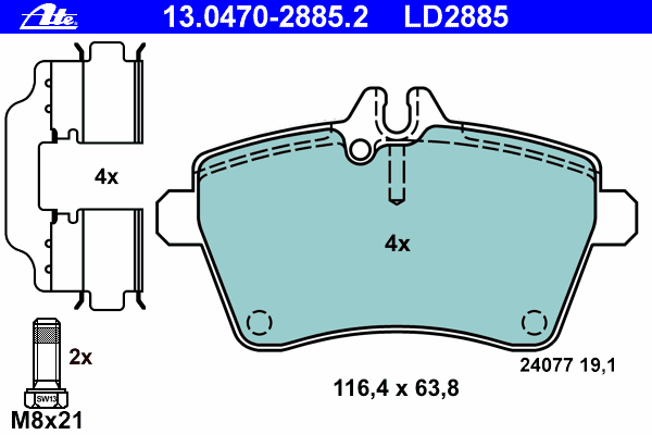 Комплект тормозных колодок, дисковый тормоз ATE 13.0470-2885.2