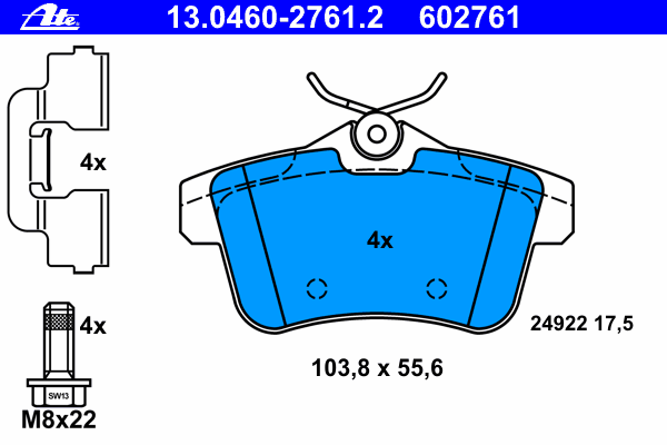 Комплект тормозных колодок, дисковый тормоз ATE 24922